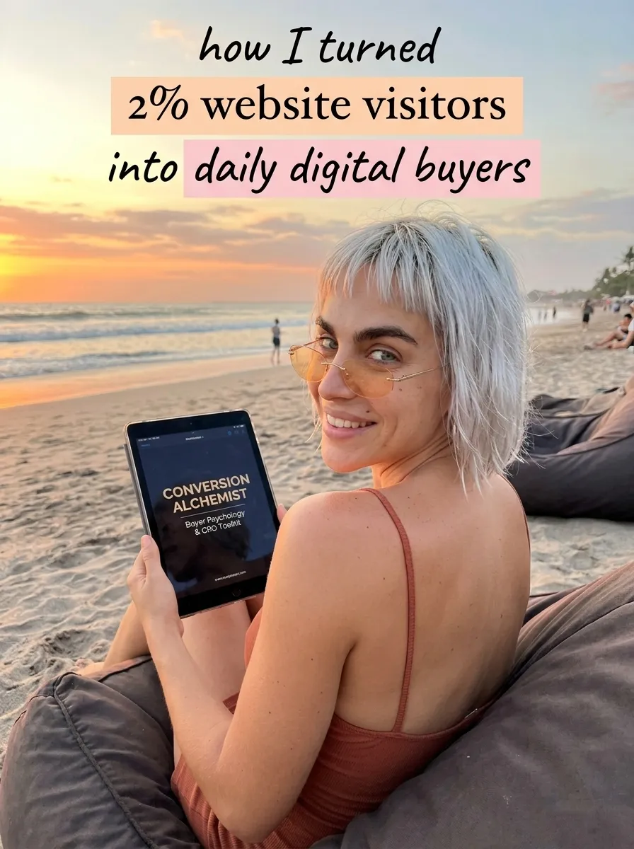 Kaia in a rust cami on a beach beanbag at sunset looking back over her shoulder with a Conversion Alchemist tablet