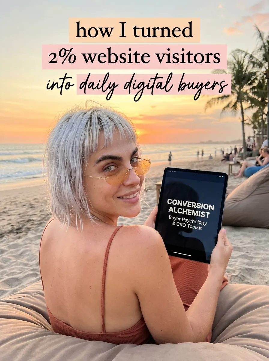 Kaia in a rust cami sitting on a beanbag on the sand holding a tablet showing Conversion Alchemist at golden hour