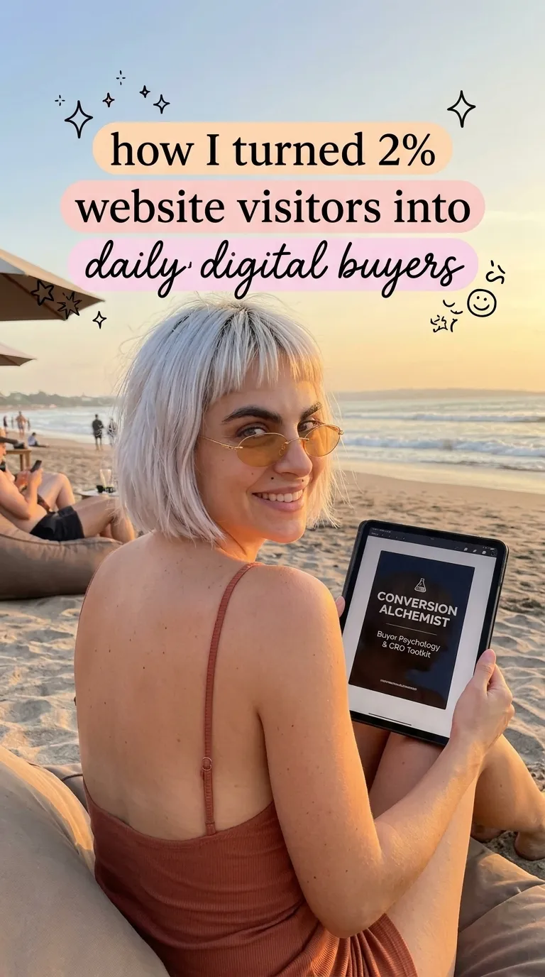 Kaia in a rust cami smiling over her shoulder on a beach beanbag with a tablet showing Conversion Alchemist