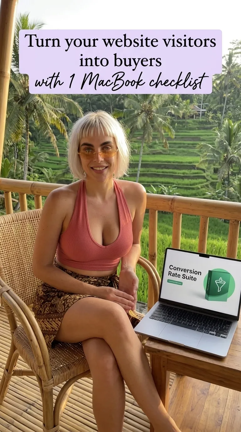 Kaia in a coral halter top and print shorts beside a laptop showing Conversion Rate Suite on a rice terrace balcony