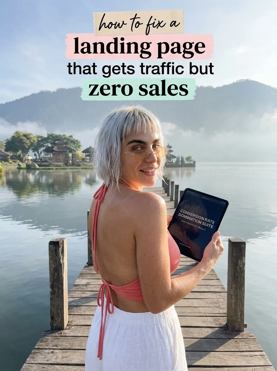 Kaia in a coral halter top and white trousers on a wooden jetty over a misty lake holding a CRO suite tablet