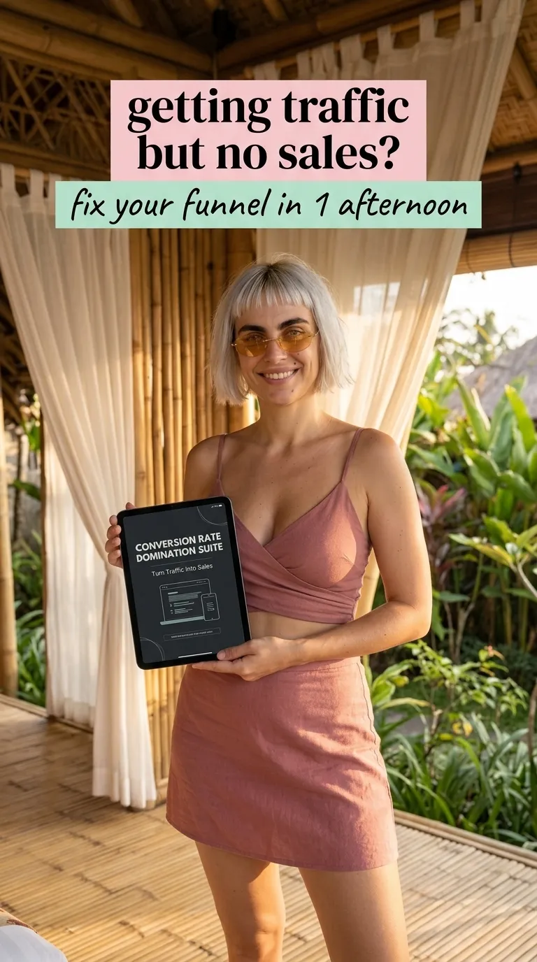 Kaia in a dusty pink cami and skirt set holding a tablet with Conversion Rate Domination Suite in a curtained pavilion