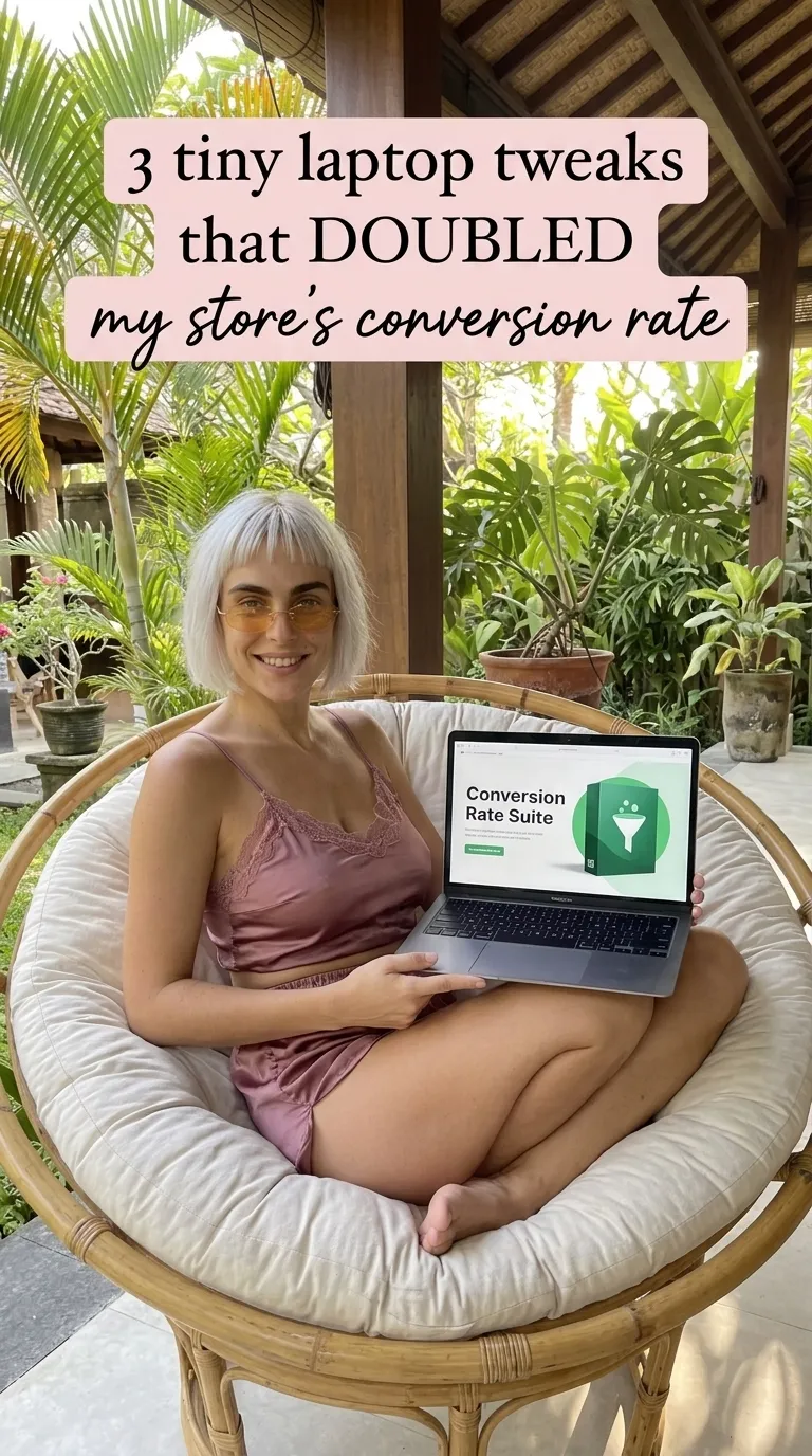 Kaia in a mauve cami romper in a round rattan chair with a laptop showing Conversion Rate Suite on a garden porch