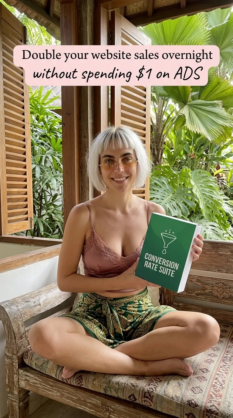 Kaia in a pink cami and green print shorts holding a green Conversion Rate Suite box on a carved wooden bench