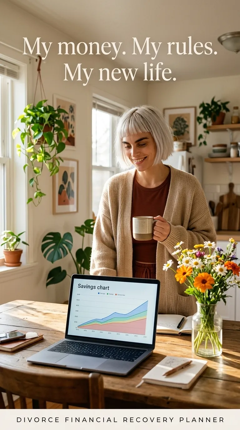 Kaia in a cream cardigan holding a mug at a kitchen table with a laptop showing a savings chart and a vase of flowers