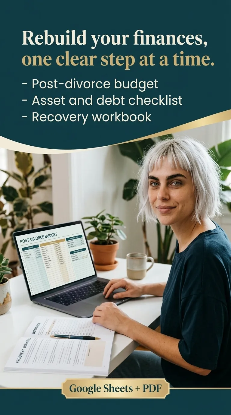 Kaia in a dark teal top at a desk with a laptop showing a post-divorce budget sheet and a printed workbook