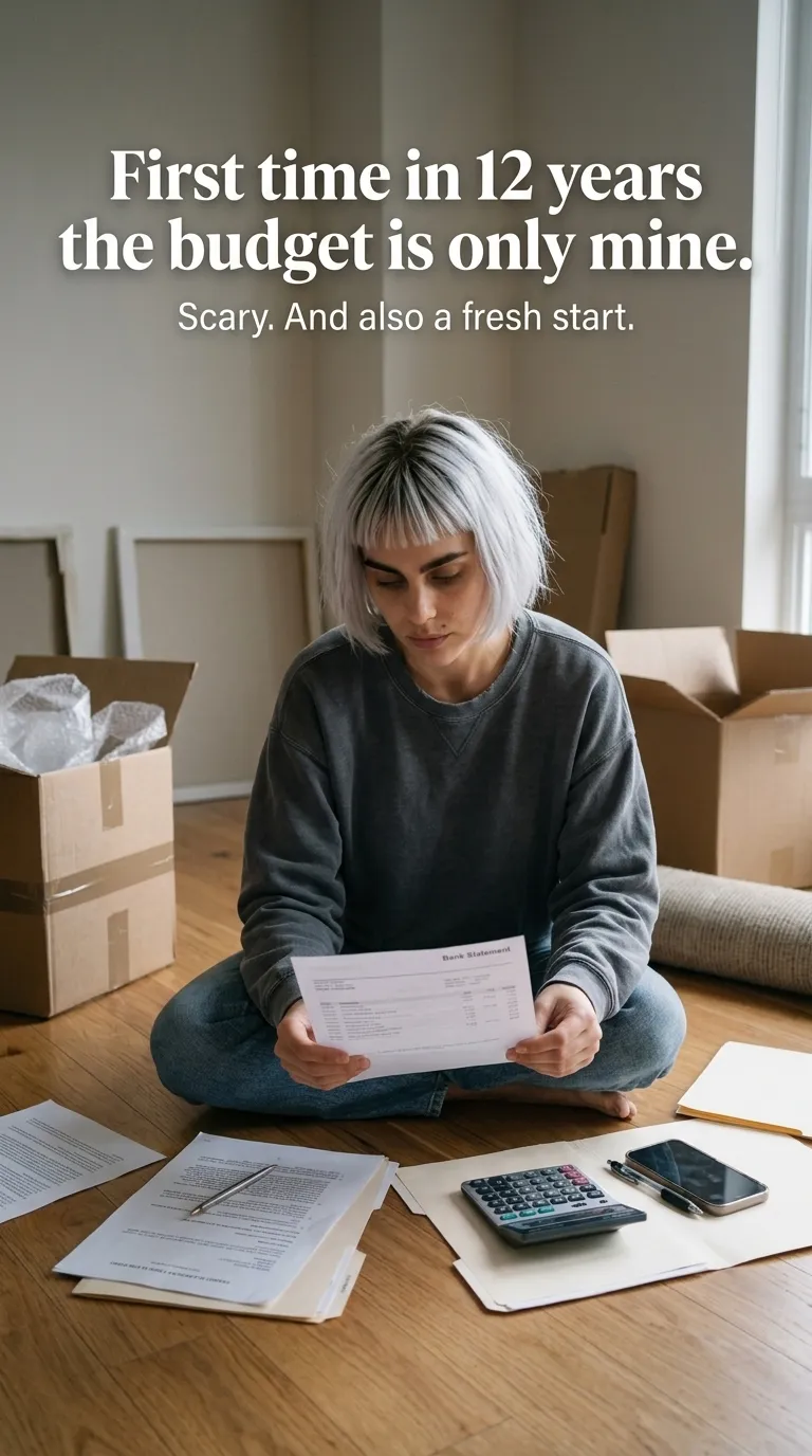 Kaia in a gray sweater sitting cross-legged on a wooden floor by moving boxes, reading a bill beside a calculator