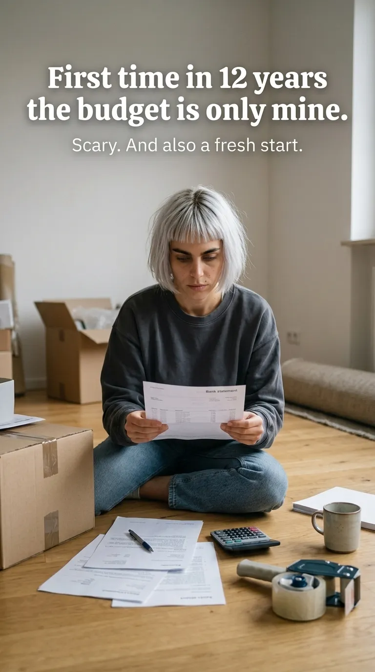 Kaia in a gray sweater and jeans sitting on the floor among moving boxes reading paperwork with a calculator nearby