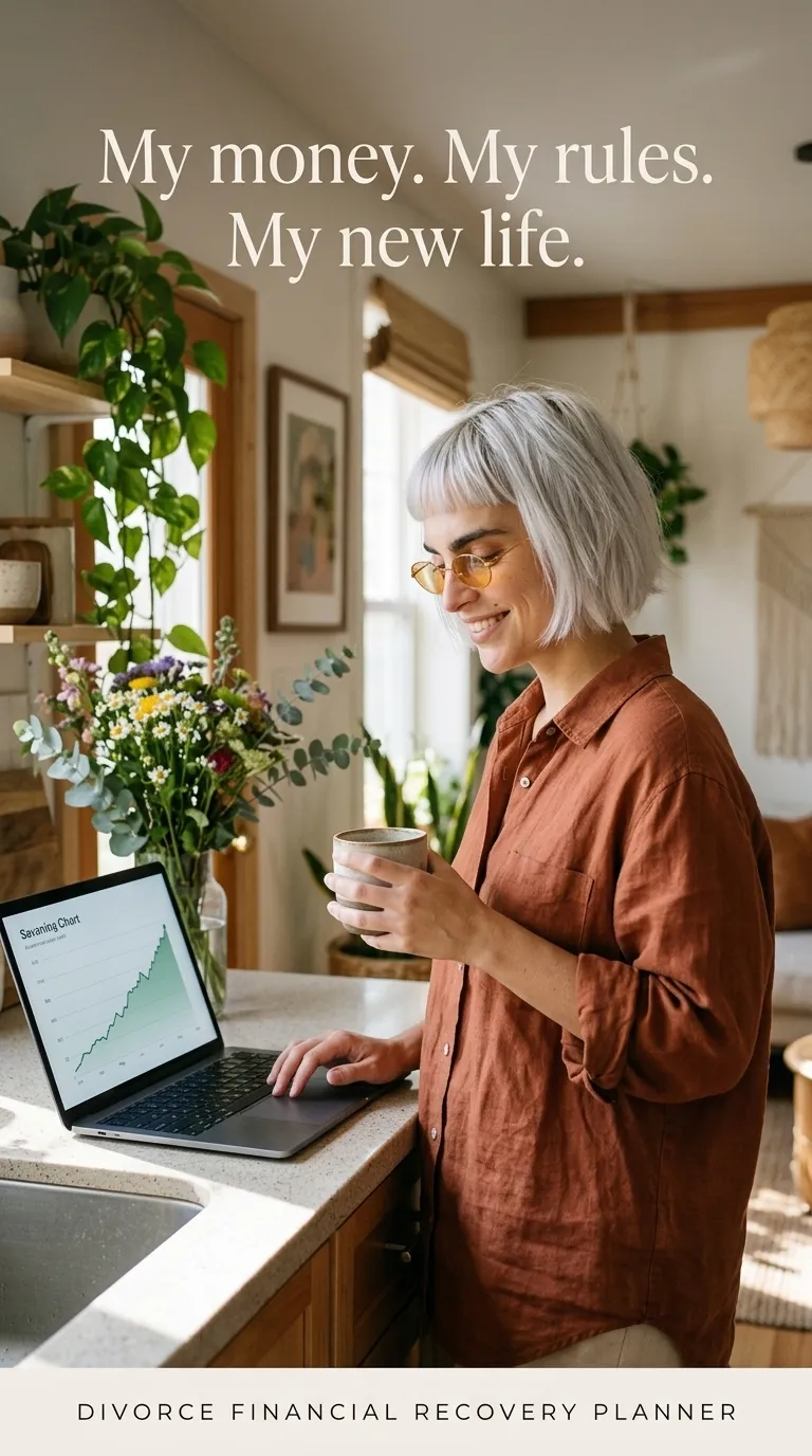 Kaia in a rust linen shirt at a kitchen counter holding a mug beside a laptop showing a savings chart