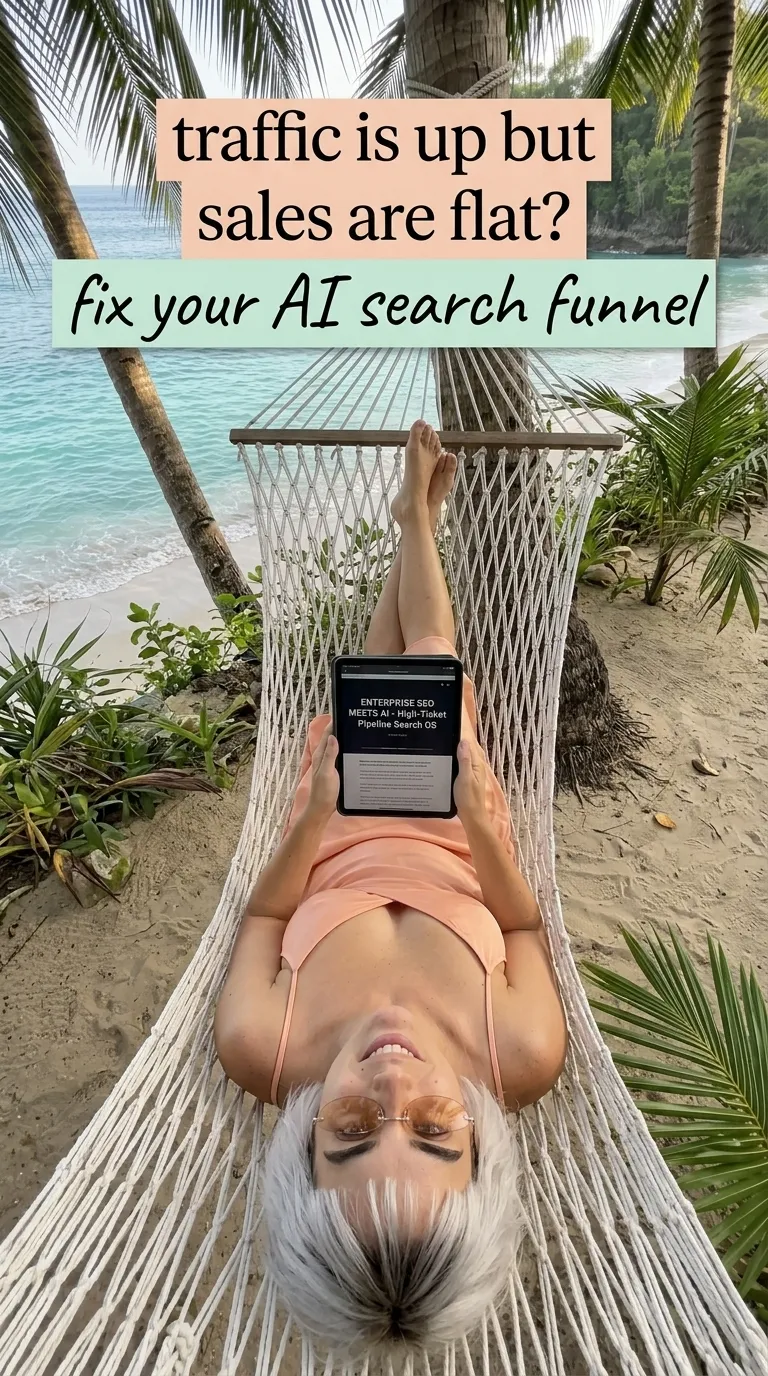 Overhead view of Kaia in a peach dress lying in a white hammock between palms reading Enterprise SEO Meets AI