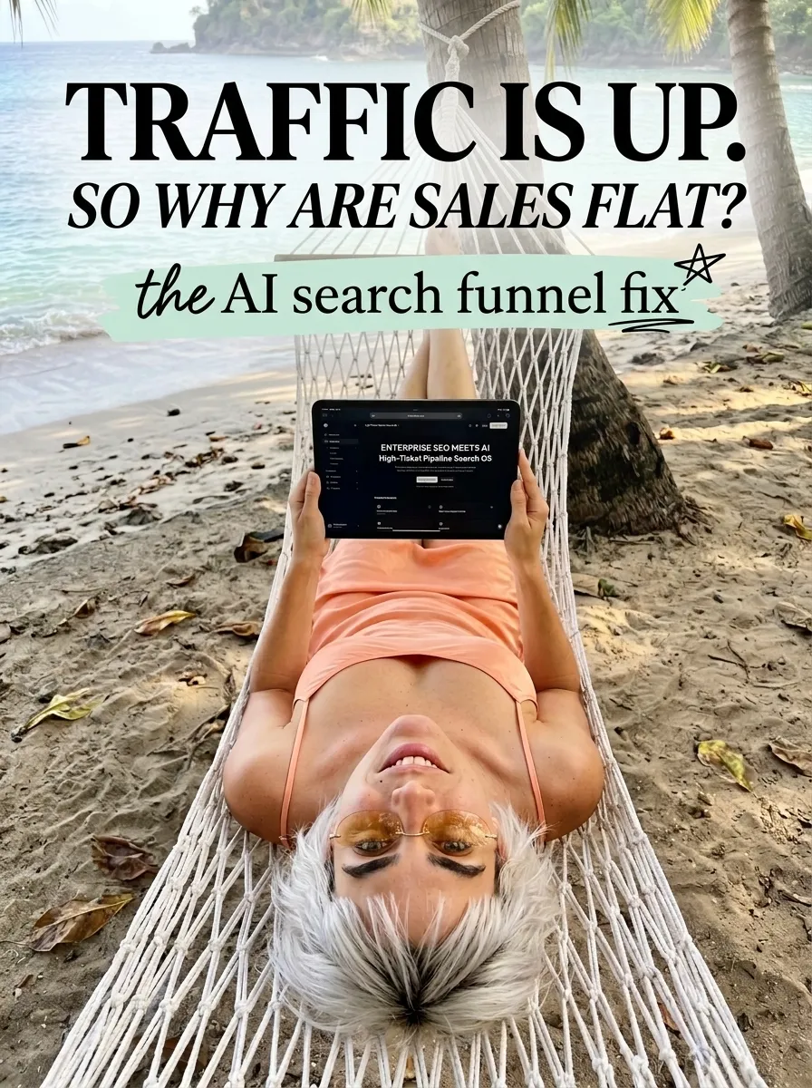 Kaia in a peach dress seen from above in a rope hammock on the sand holding a tablet with Enterprise SEO Meets AI