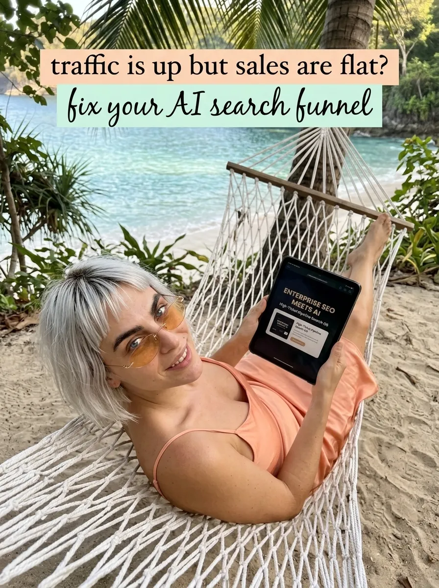 Kaia in a peach dress and tinted sunglasses lying in a beach hammock with a tablet showing Enterprise SEO Meets AI