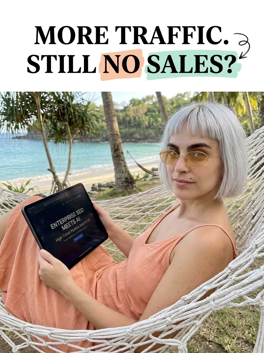 Kaia in a peach linen dress in a rope hammock on a palm beach holding a tablet with Enterprise SEO Meets AI