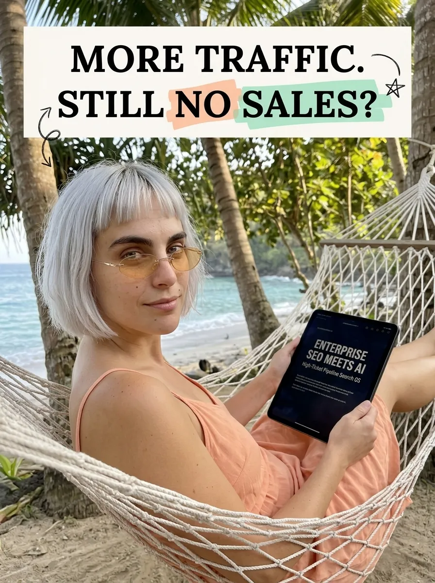 Kaia in a peach slip dress relaxing in a beach hammock with a tablet showing Enterprise SEO Meets AI