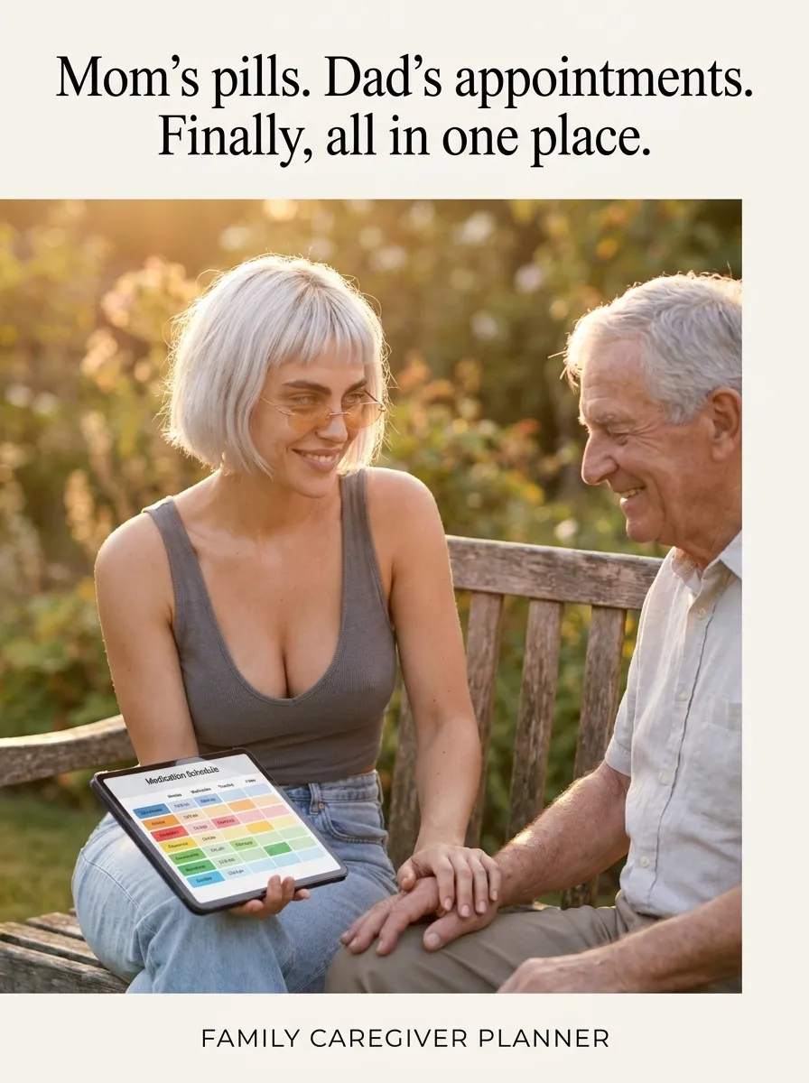 Kaia in a gray tank top on a garden bench showing an older man a tablet with the Family Caregiver Planner