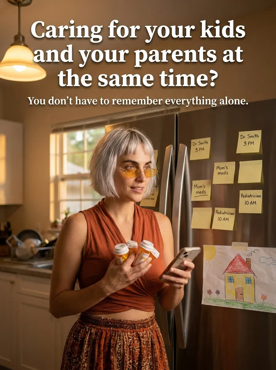 Kaia in a rust top in a warm-lit kitchen checking her phone while holding pill bottles beside a fridge with sticky notes