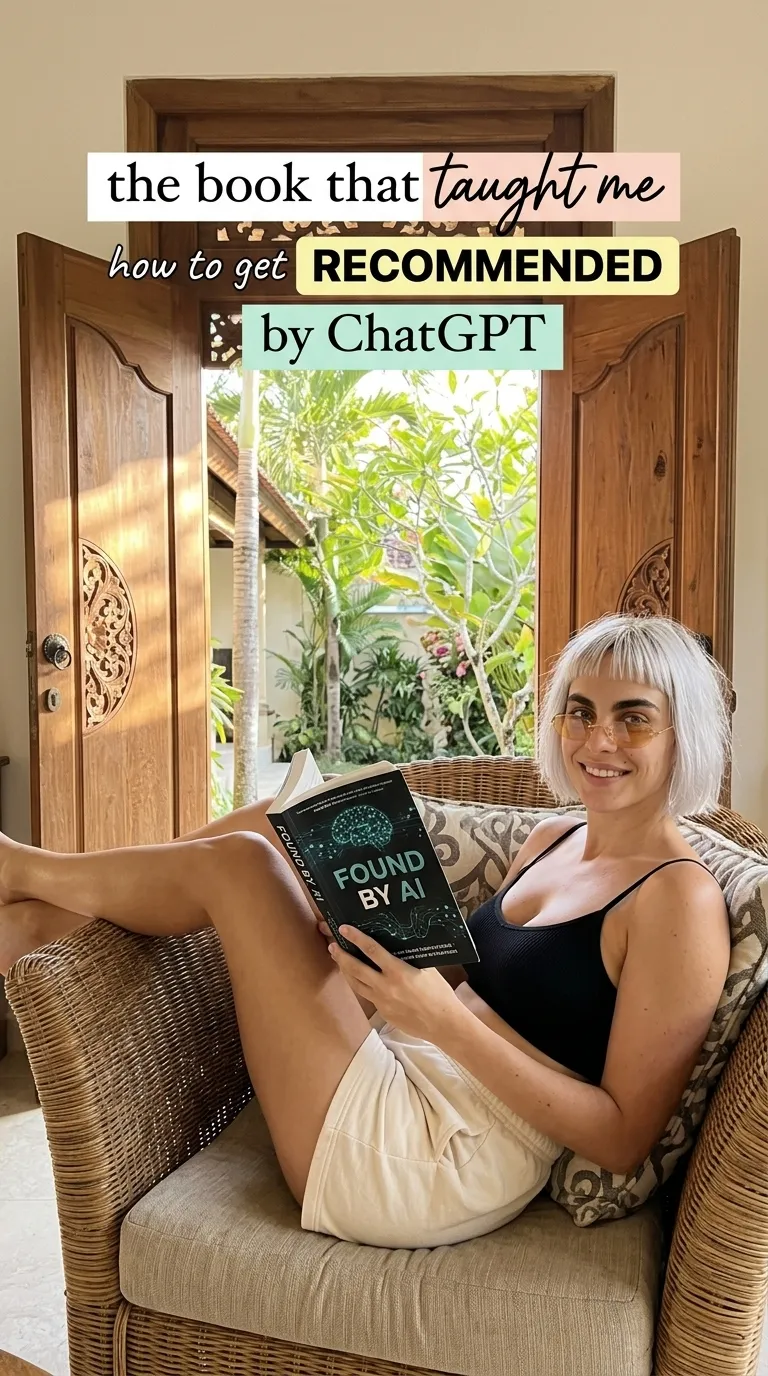 Kaia in a black top and cream shorts in a rattan chair by carved doors reading Found by AI