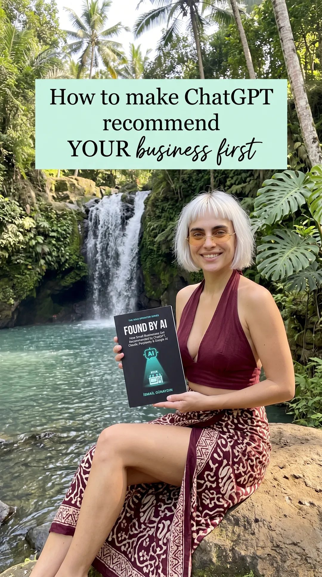 Kaia in a burgundy halter and sarong sitting by a jungle waterfall holding Found by AI