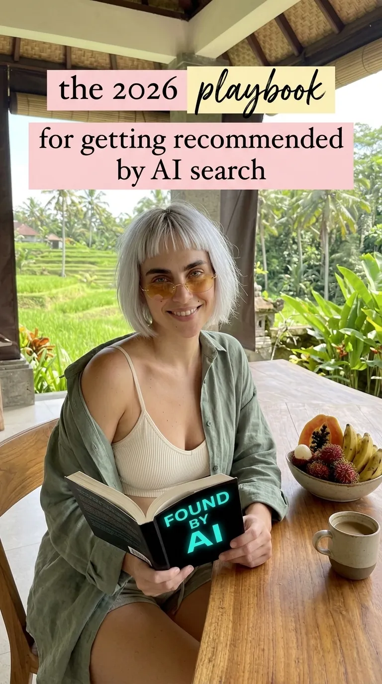 Kaia in an olive shirt at a breakfast table overlooking rice fields reading Found by AI