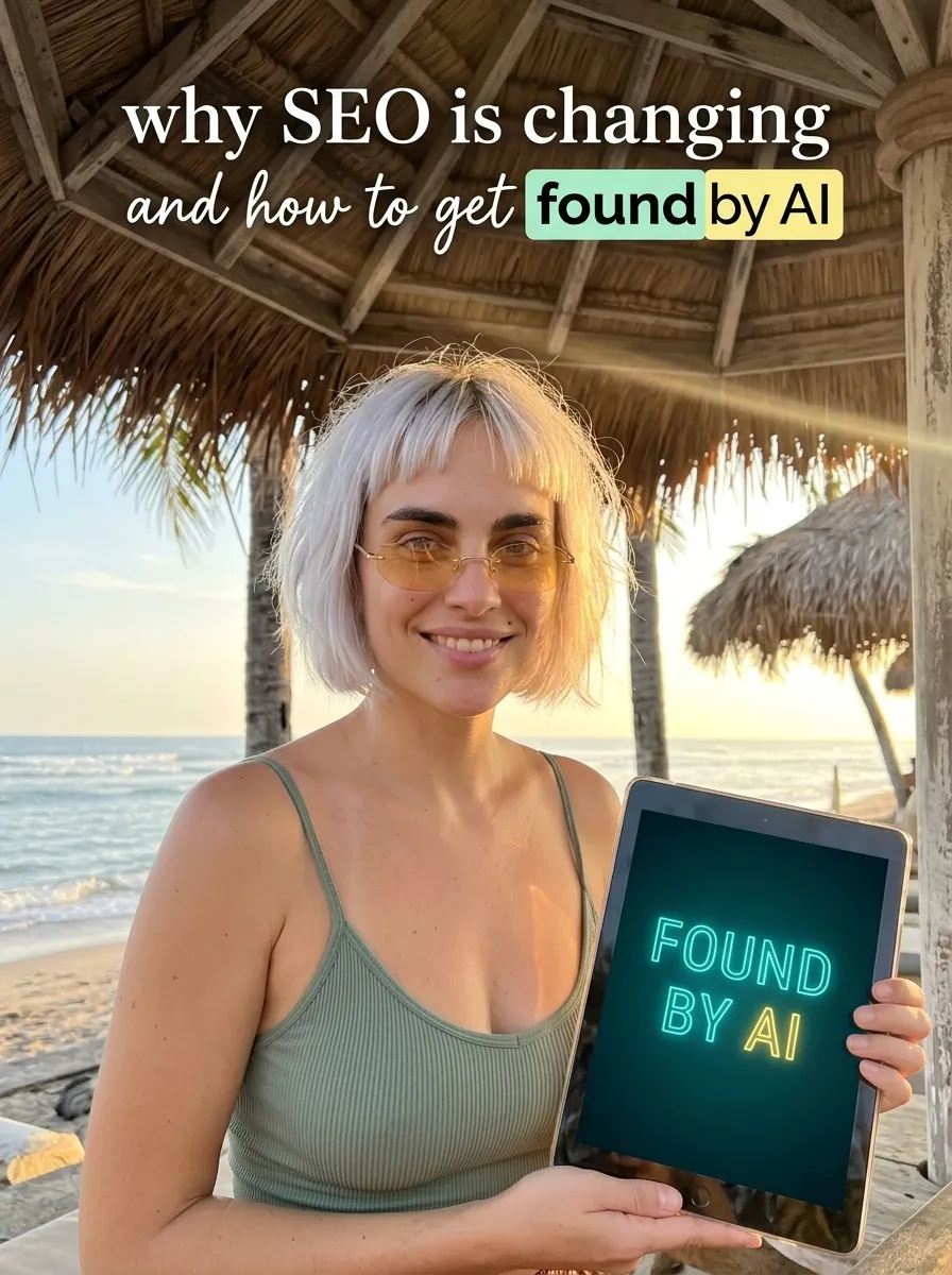 Kaia in a sage tank top on a beach holding a tablet showing Found by AI
