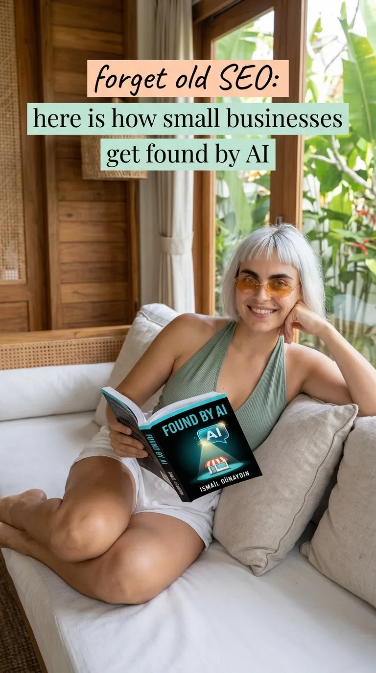 Kaia in a sage top lounging on a white daybed reading Found by AI