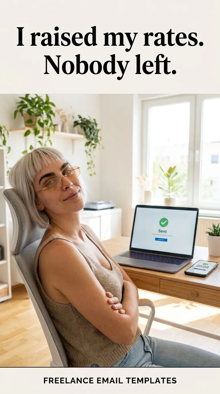 Kaia in a beige knit tank top with arms crossed in an office chair beside a laptop showing a Sent confirmation
