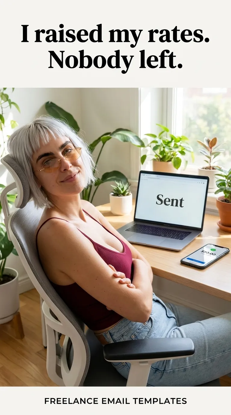 Kaia in a burgundy tank top and jeans leaning back in an office chair by a laptop showing Sent in a plant-filled room
