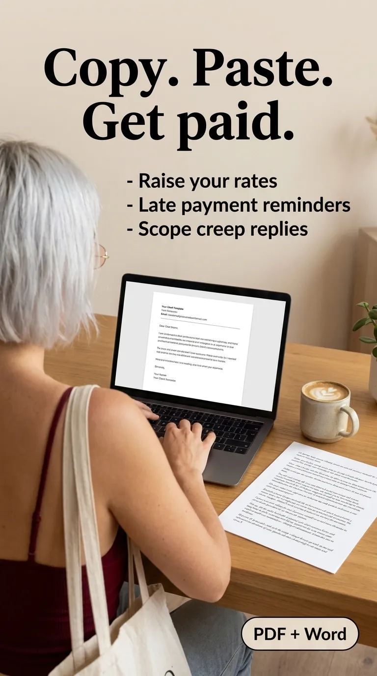 Kaia seen from behind in a burgundy top typing an email on a laptop at a wooden desk with printed templates and a coffee
