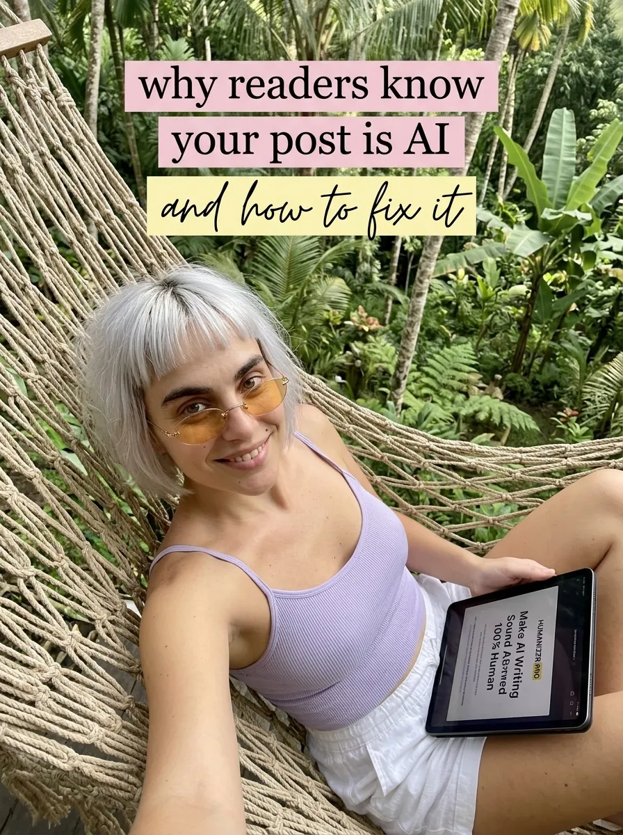 Kaia in a lilac cami and white shorts taking a selfie in a jungle hammock with a tablet showing Humanizer Pro