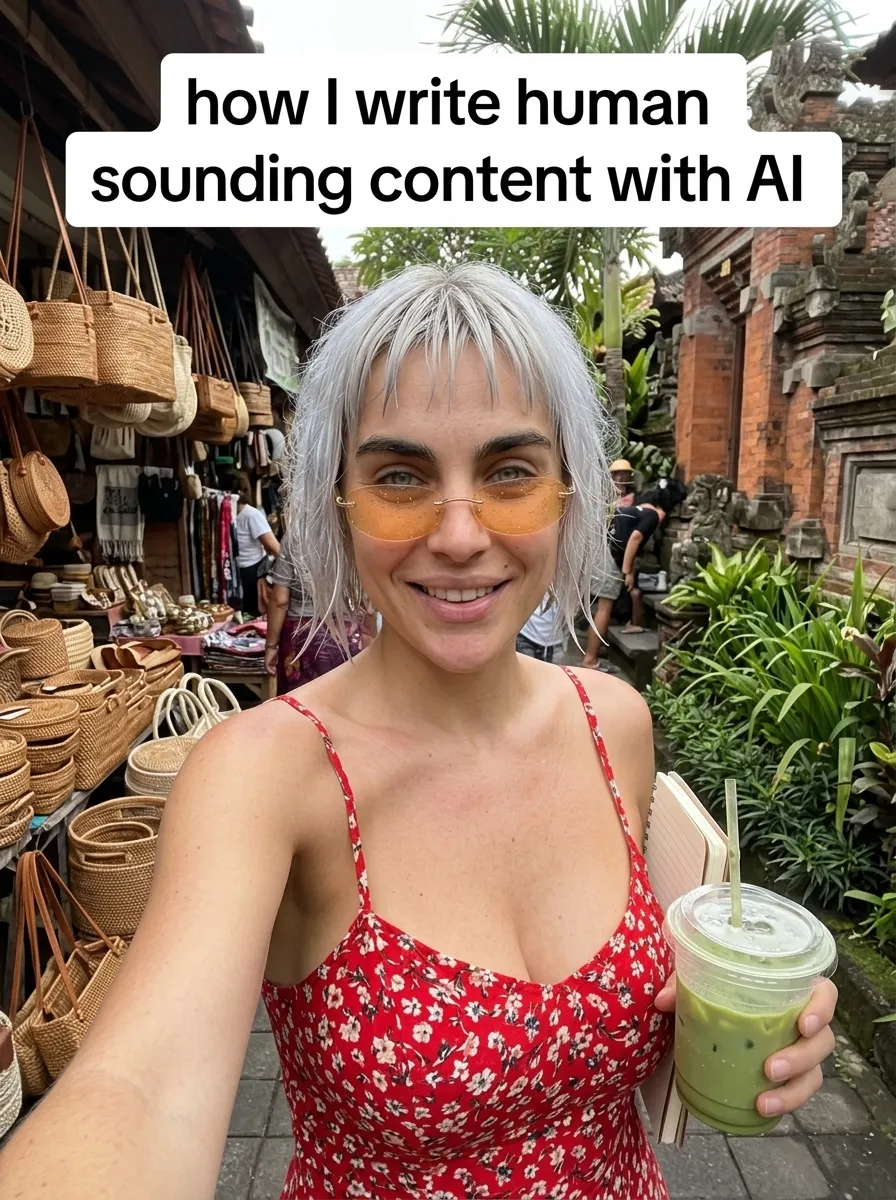Kaia in a red floral cami dress taking a selfie with an iced matcha at a market street lined with woven baskets