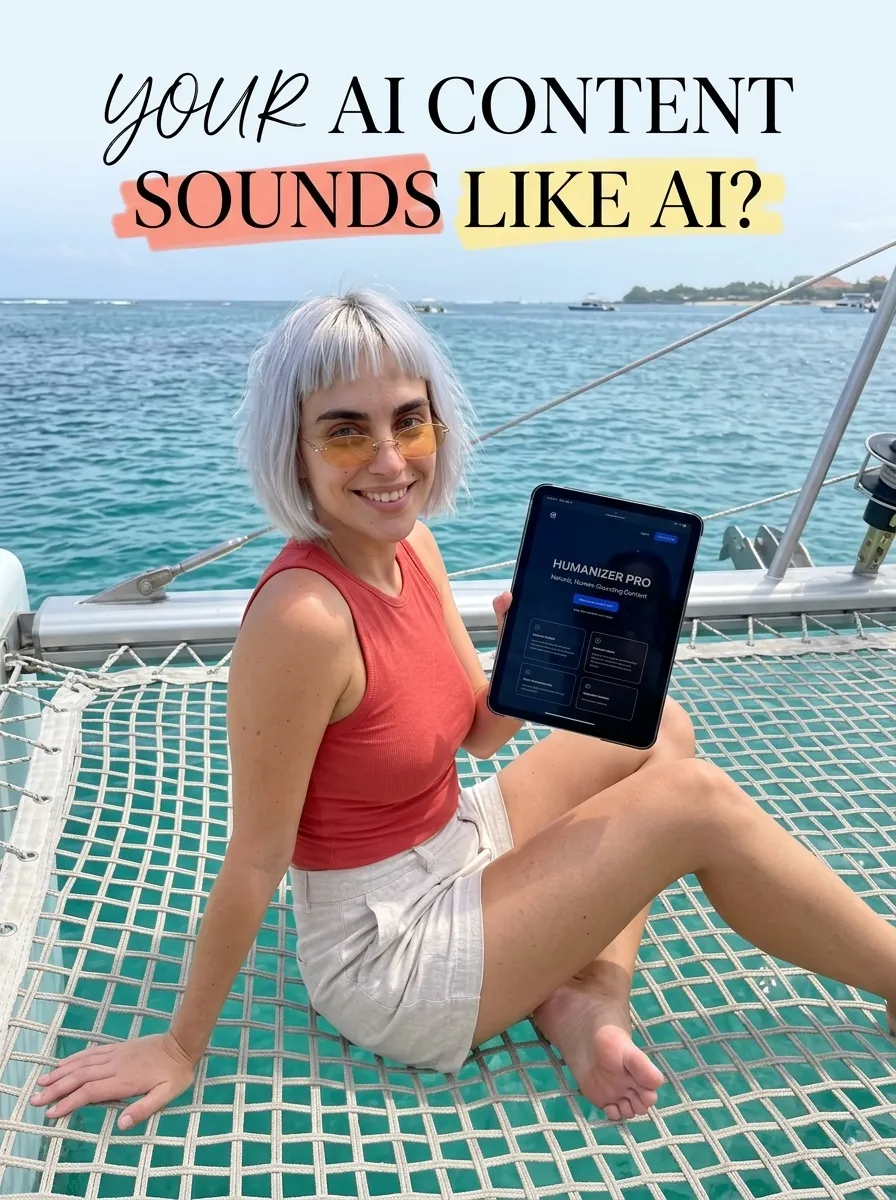 Kaia in a red tank top and white shorts holding a tablet with Humanizer Pro on a boat trampoline net at sea