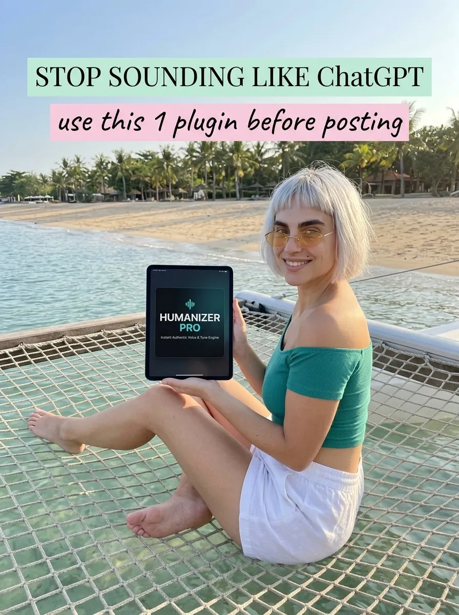 Kaia in a teal crop top and white shorts sitting on a net above the sea holding a tablet showing Humanizer Pro