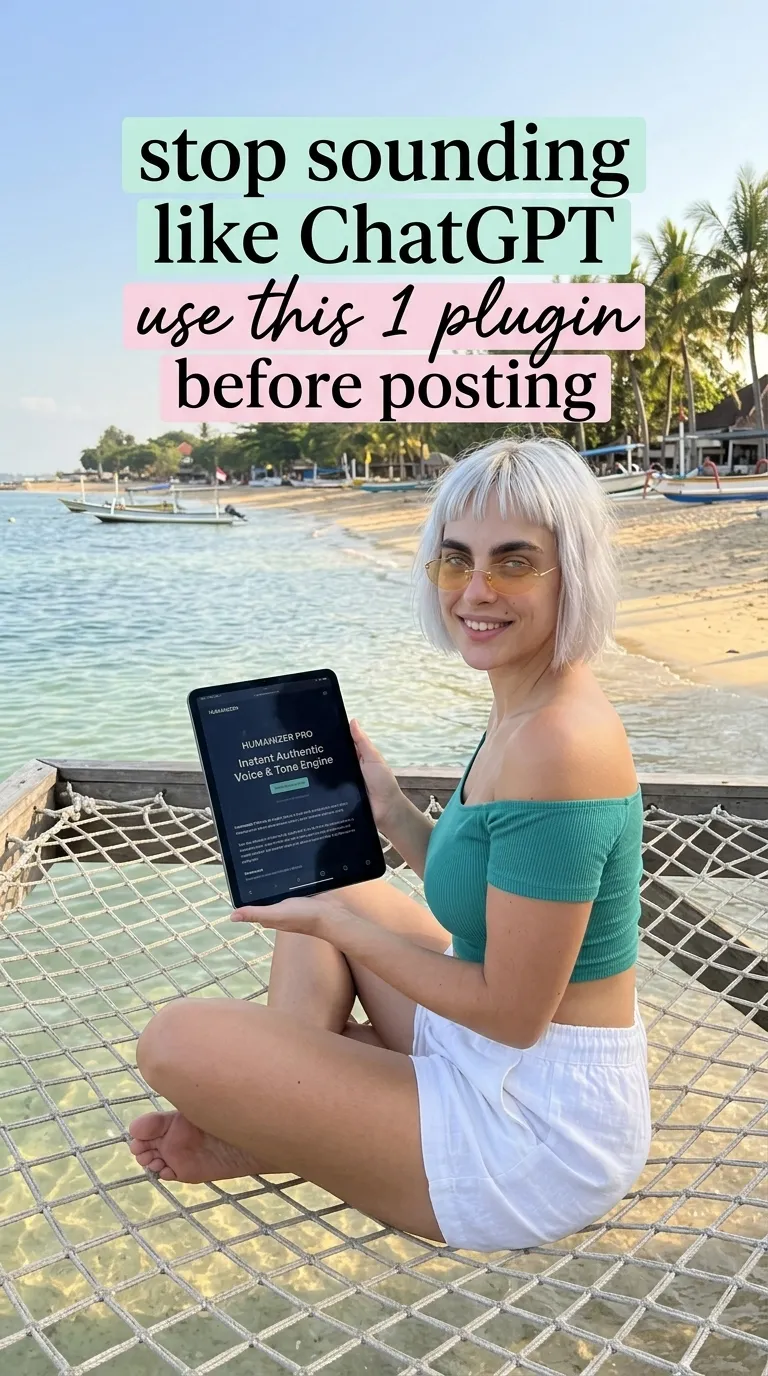 Kaia in a teal off-shoulder top and white shorts on a net over clear water holding a tablet with Humanizer Pro