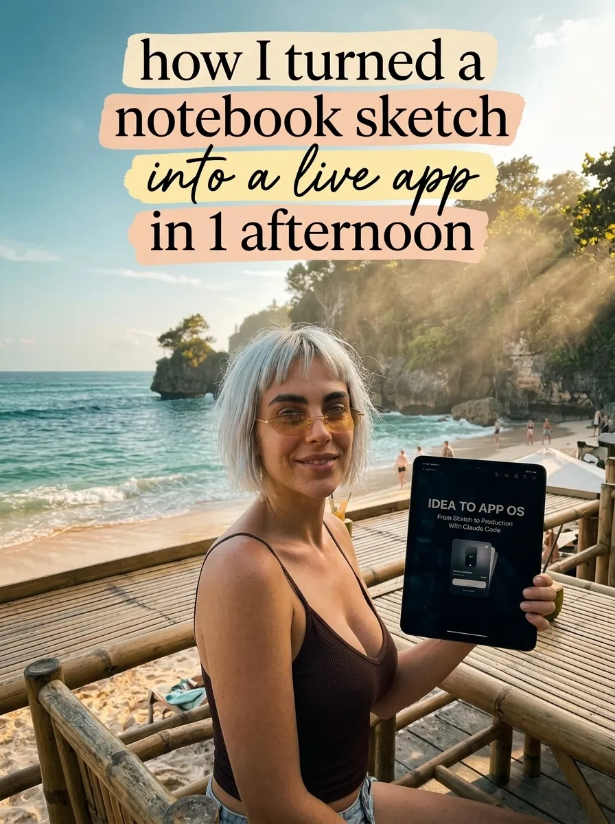 Kaia in a brown camisole holding a tablet showing Idea to App OS on a bamboo deck above a sunny beach