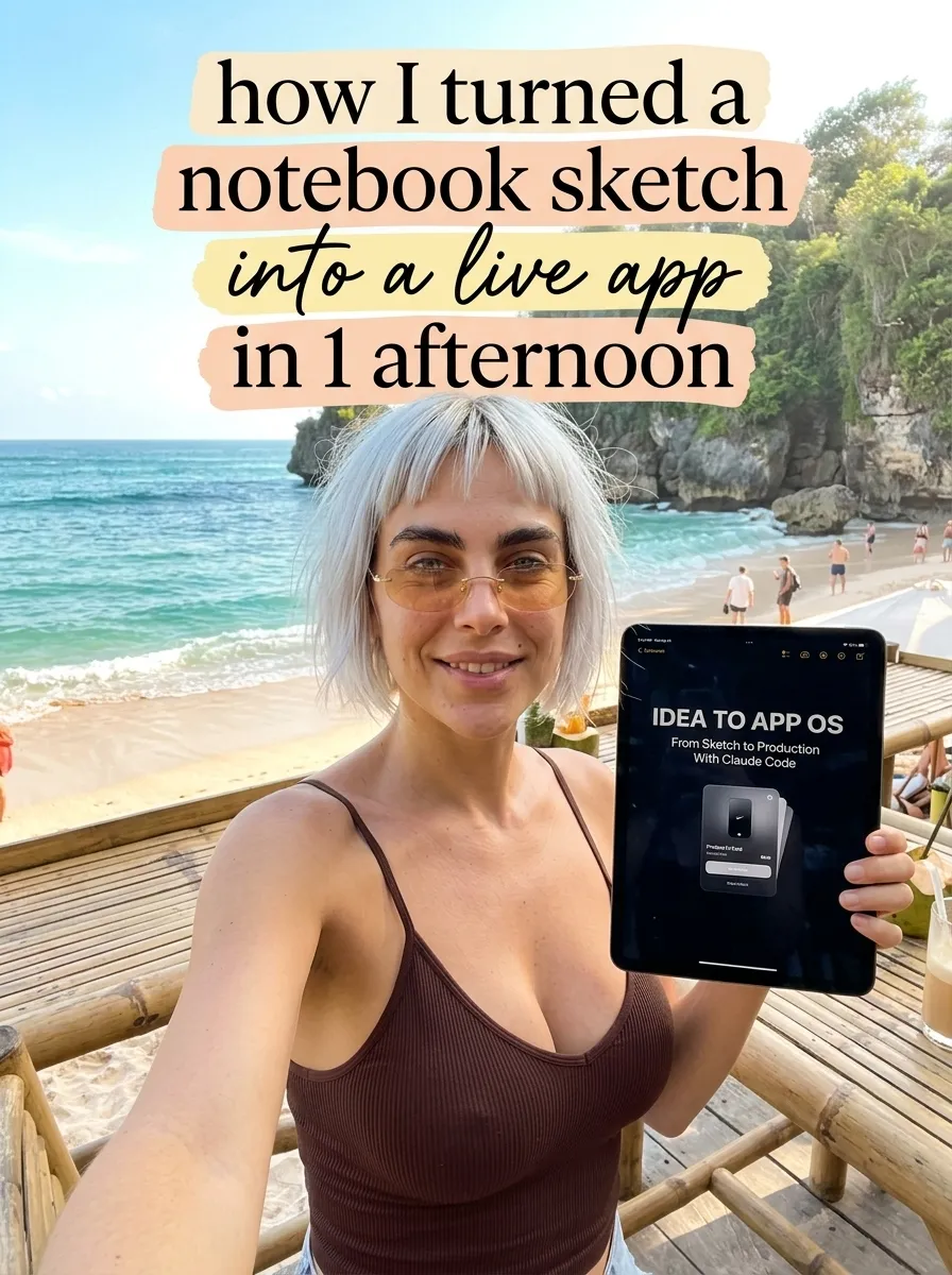 Kaia in a brown camisole taking a selfie with a tablet showing Idea to App OS on a wooden deck beside the ocean