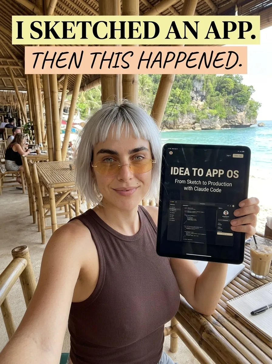 Kaia in a brown tank top taking a selfie with a tablet showing Idea to App OS at a bamboo beach cafe