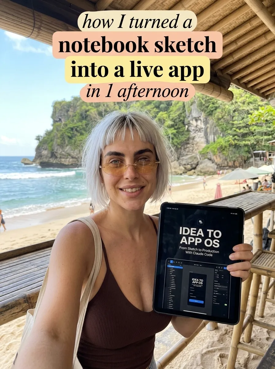 Kaia in a brown tank top with a tote bag holding up a tablet showing Idea to App OS at a beach bar by the sea