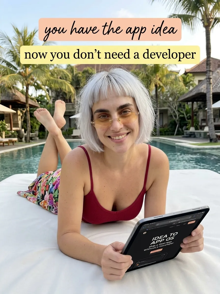 Kaia in a red top and floral skirt lying on a white daybed by a resort pool with a tablet showing Idea to App OS