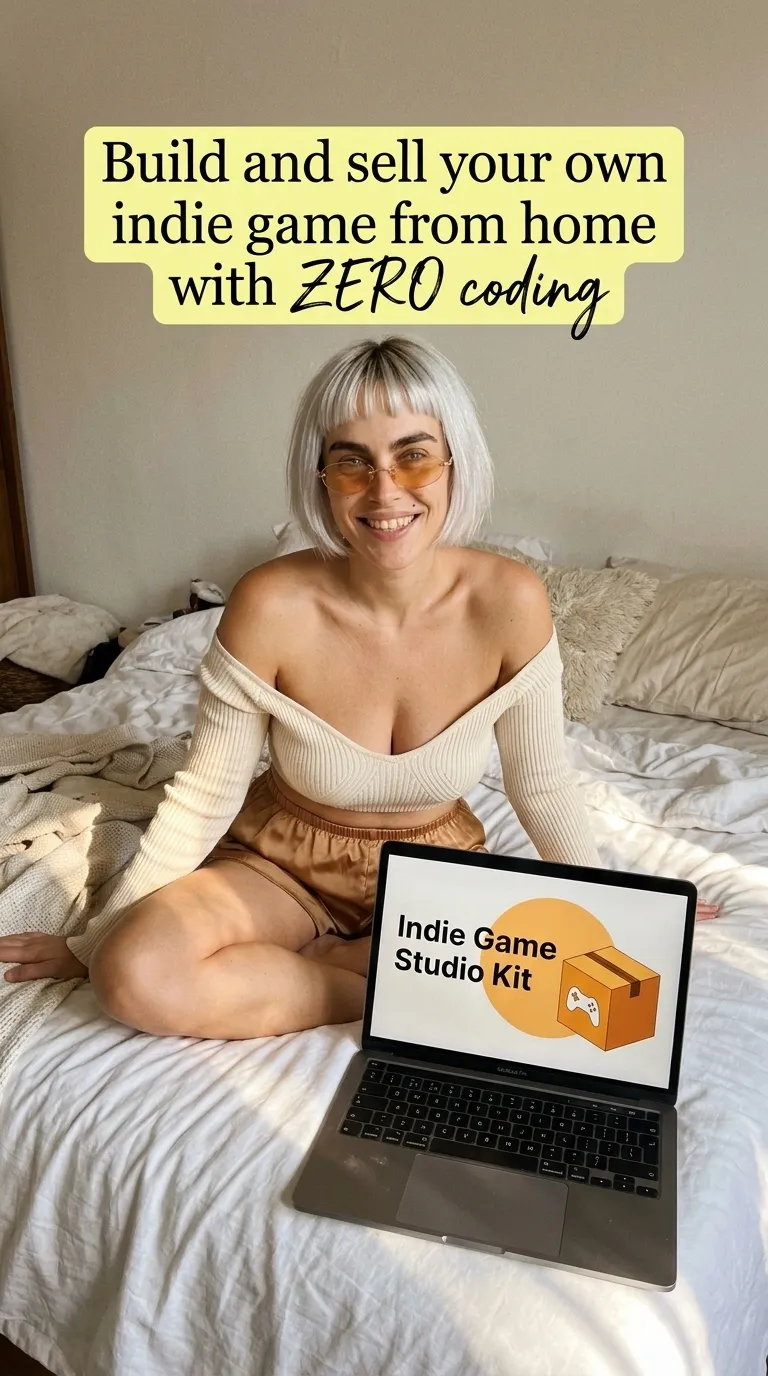 Kaia in a cream off-shoulder top sitting on a white bed with a laptop showing Indie Game Studio Kit