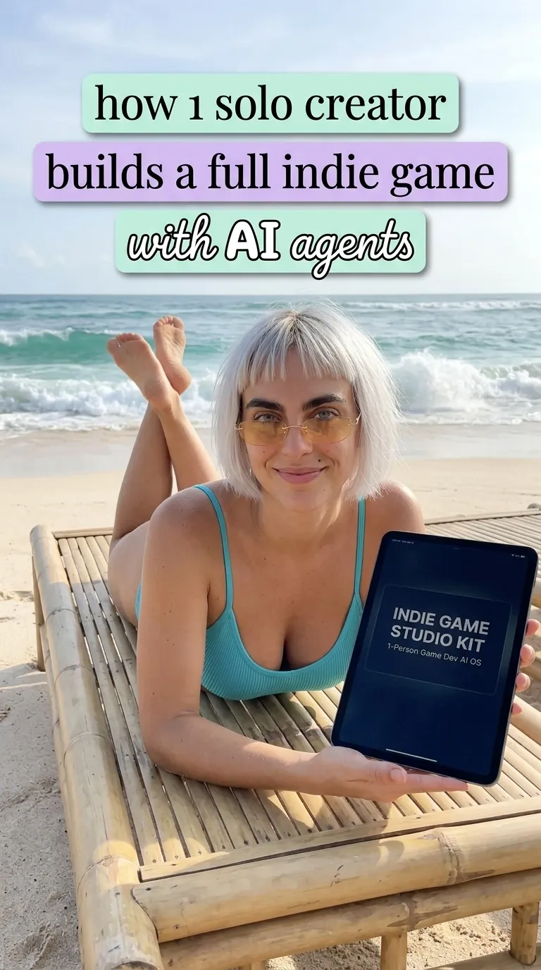 Kaia in a teal swimsuit lying on a bamboo lounger on the beach holding a tablet showing Indie Game Studio Kit