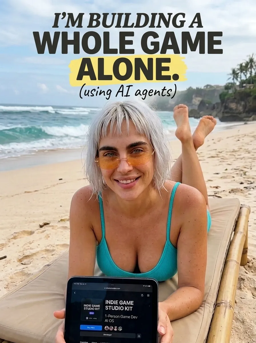 Kaia in a teal swimsuit lying on a cushioned lounger on the sand with a tablet showing the Indie Game Studio Kit page