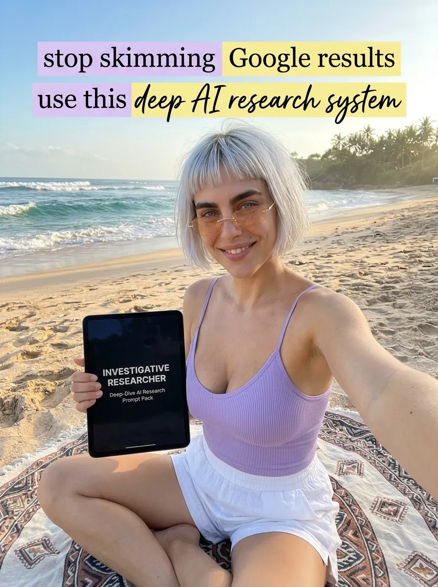 Kaia in a lilac tank top sitting on a patterned beach blanket holding a tablet showing Investigative Researcher