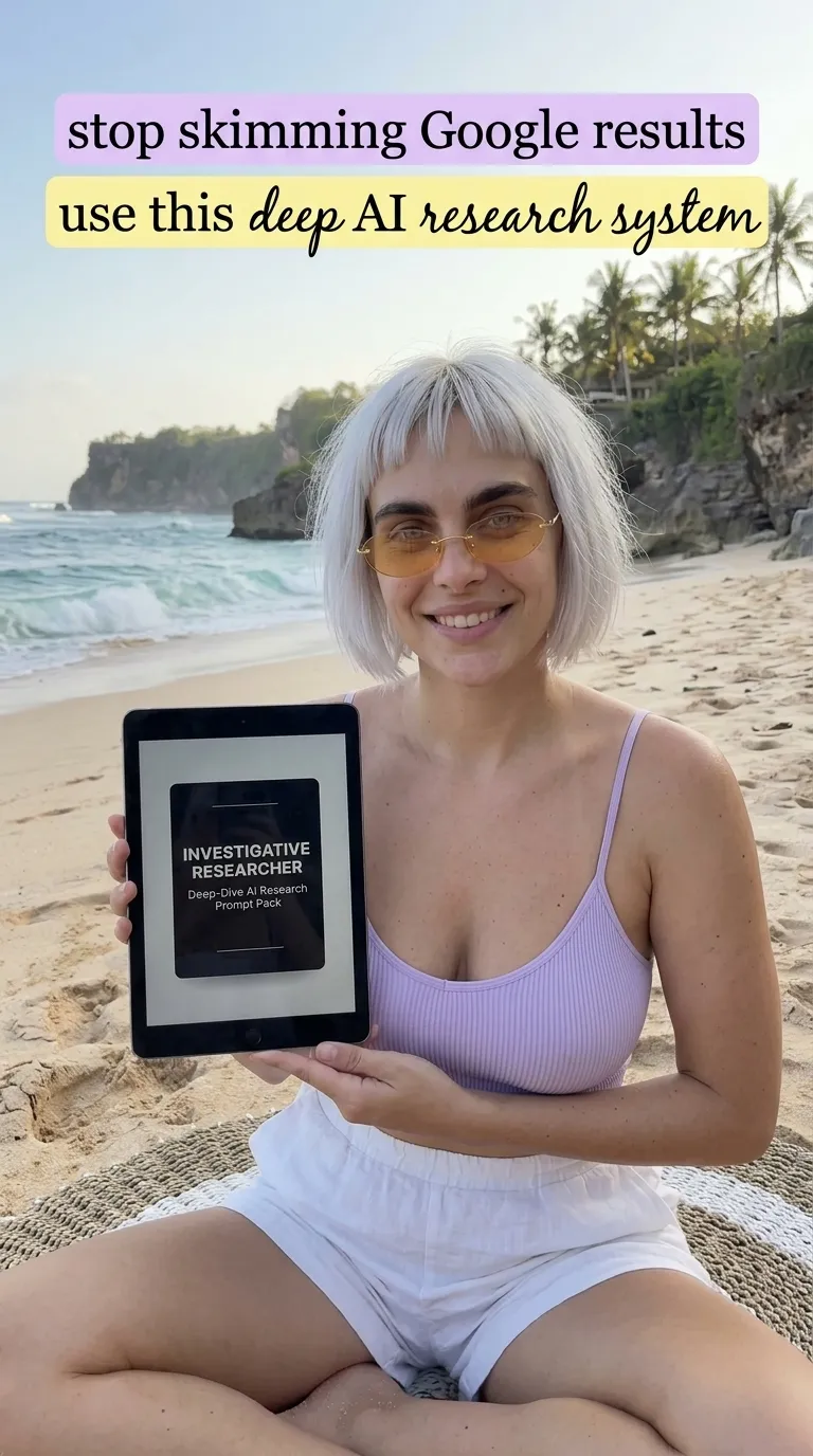 Kaia in a lilac tank top and white shorts on a sandy beach holding a tablet showing Investigative Researcher with both hands