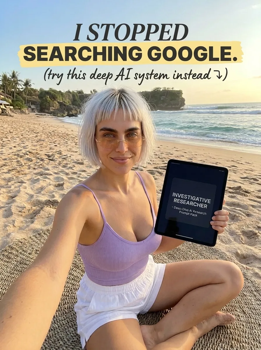 Kaia in a lilac tank top and white shorts taking a selfie on a beach mat holding a tablet showing Investigative Researcher