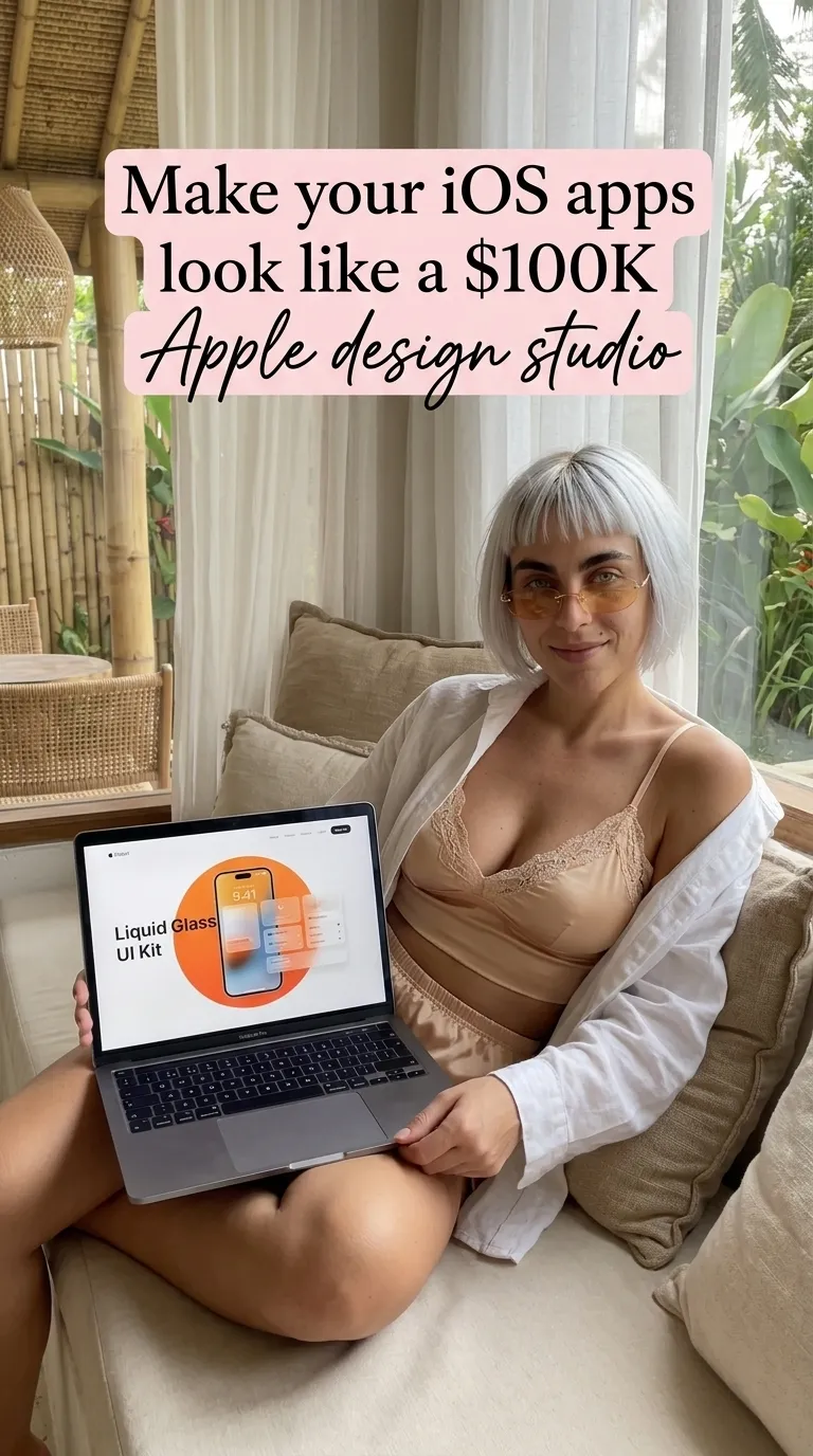 Kaia in a beige cami and white shirt sitting on a daybed holding a laptop showing the Liquid Glass UI Kit on her knee