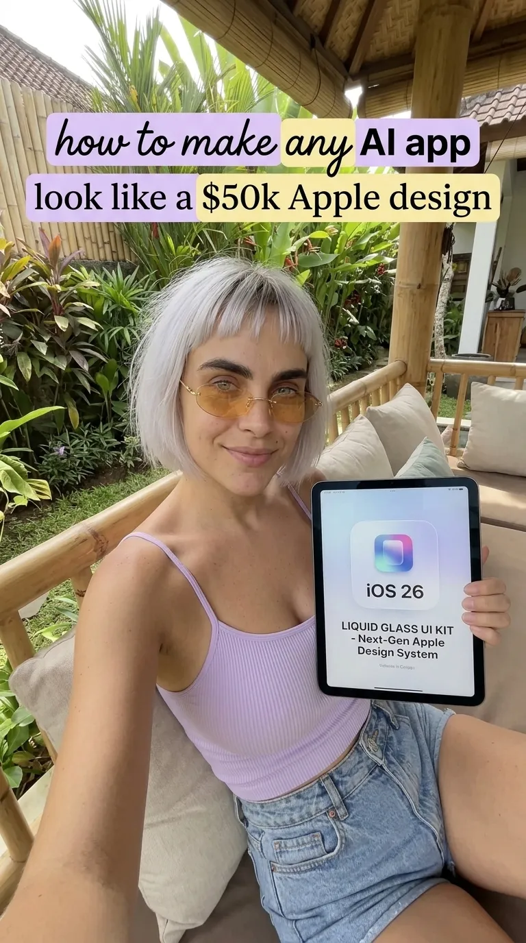 Kaia in a lilac tank top and denim shorts taking a selfie with a tablet showing the Liquid Glass UI Kit on a garden veranda