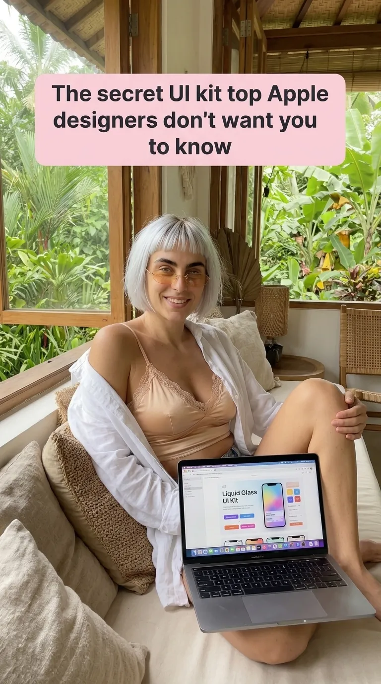 Kaia in a white shirt over a beige cami on a lounge sofa with a laptop showing Liquid Glass UI Kit screens, garden behind