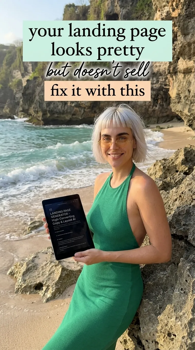 Kaia in a green halter dress standing against a rocky cliff by the waves with a tablet showing Landing Page Generator