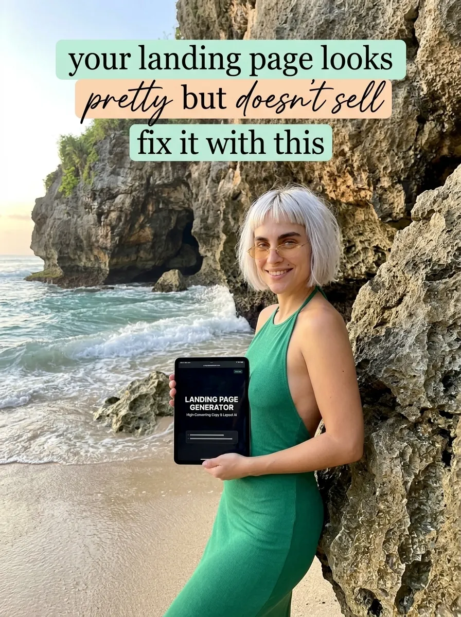 Kaia in a green halter dress beside sea rocks on a sandy beach holding a tablet showing Landing Page Generator