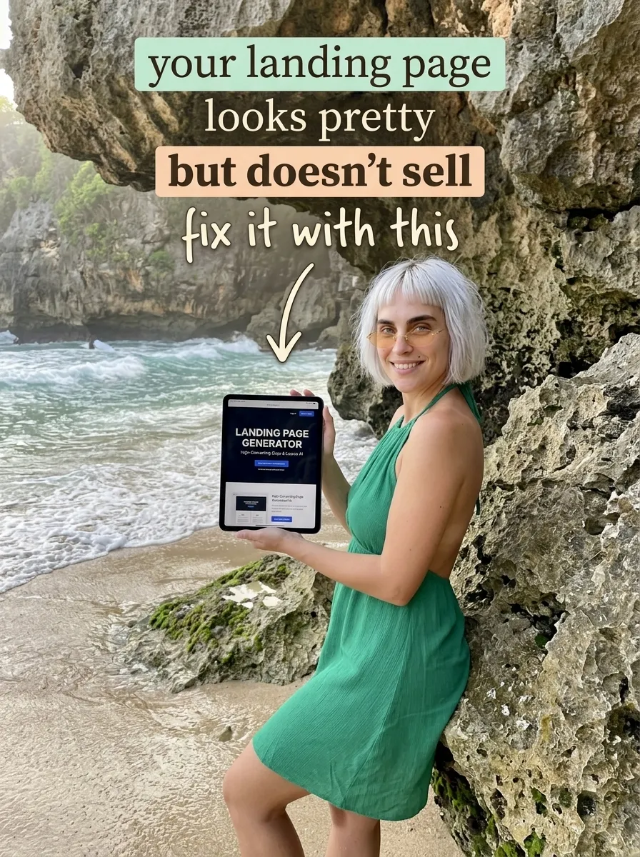 Kaia in a green halter dress leaning on a sea rock at the beach holding a tablet showing Landing Page Generator